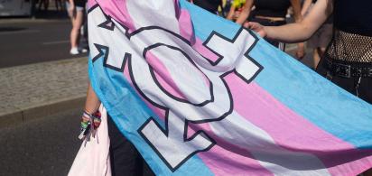Transflagge mit dem Logo f&uuml;r nicht-bin&auml;re Geschlechtsidentit&auml;t auf der Demonstration, im Hintergrund eine Menschengruppe