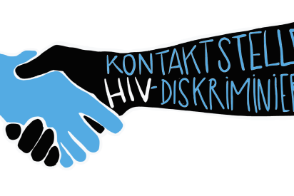 H&auml;ndesch&uuml;tteln einer blauen und einer schwarzen Hand mit der Aufschrift Kontaktstelle HIV-Diskriminierung