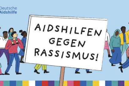 Illustration von Demo mit Schild "Aidshilfen gegen Rassismus"