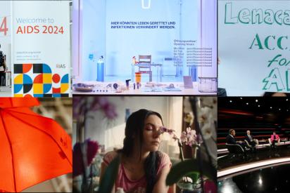 Collage aus Fotos: Eingang zur Welt-AIds-Konferenz mit Aufschrift AIDS 2024, Pop-up-Konsumraum in München, Demoschild zu Lenacapavir, roter Regenschirm der Sexarbeiter*innen-Bewegung, Filmszene aus 