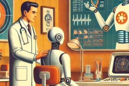 Illustration Roboter am Schreibtisch, daneben steht ein Mensch im Arztkittel